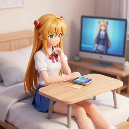 ddlc monika 3 d render anime girl with a table on a bed using a imac