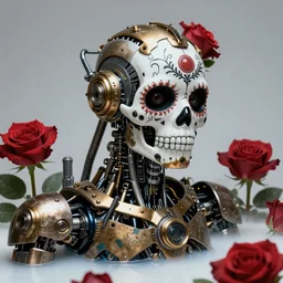 a beautiful intricate fine art portrait photo of a   a mechanical industrial steampunk cybernetic robot with sugar skull makeup, by tom bagshaw and zach sutton, roses surrounding the robot, perfection!, milk bath photography,  studio lighting, 35mm lens, very detailed, bionic, cybernetic scifi, deep depth of field, artstation, 8K, highly coherent