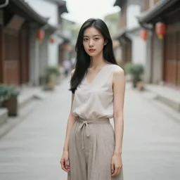 portrait of a beautiful woman standing in an empty asian street by ardon, mordecai