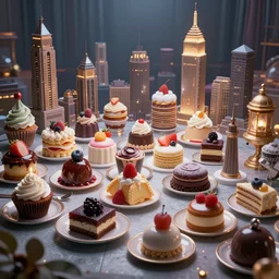 dream city made of desserts, yummy food, exotic, cinematic lighting, by caravaggio