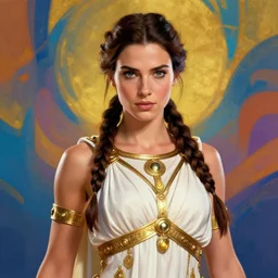 portrait of lara croft as palas athena, the greek goddess of wisdom and war, rossdraws, ilvya kuvshinov, intricate, elegant, luxurious white robes and golden jewelry on her, stylized background, matte painting, maya, pixar, cinematic lighting, artstation, highly detailed, masterpiece, vibrant colors