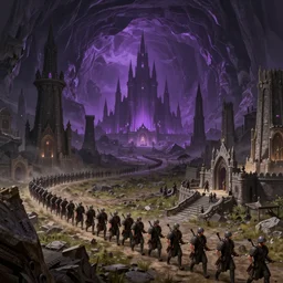 wide photo drow army marching on landscape near underdark city, underground huge cave background, purple an dark colors by alex aparin, rob alexander, daren bader, john - paul balmet, digital photo, sharp focus, 8 k, intricate, high detail, trending artstation
