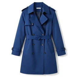 sapphire blue trench coat, studio product photography, isolated on a pure white background, centered, entire object in frame, sharp focus, soft studio lighting