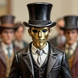 closeup of a tin toy jack the ripper wearing a top hat, depth of field, zeiss lens, detailed, symmetrical, centered, fashion photoshoot, by nicoletta ceccoli, mark ryden, lostfish, earl nore, hyung tae, frank frazetta, breathtaking, 8 k resolution, extremely detailed, beautiful, establishing shot, artistic, hyperrealistic, octane render