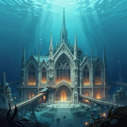neo - gothic train station of massive proportions in an underwater city, illustration by yoann