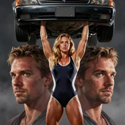 movie still of bodybuilder jennifer lawrence, wearing spandex, lifting a car above head, dark, mist, cinematic lighting, octane render, photorealistic, closeup at the faces, digital painting, drew struzan, gta v cover art