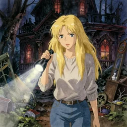 portrait of a blonde woman with a flashlight exploring a spooky haunted house, long hair, sweater and jeans, clutter, film still, finely detailed features, watercolor, official key visual, painted by ilya kushinov makoto shinkai takashi takeuchi studio ghibli, akihiko yoshida