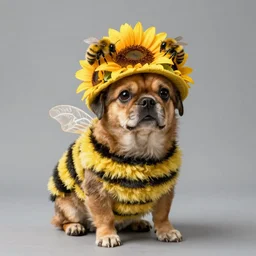 dog with a bumblebee coat wearing a sunflower covered in bumblebees as a hat, photo realistic, studio lighting, realistic shadows