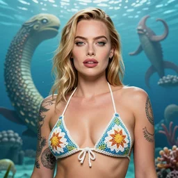 tattooed margot robbie portrait as a character posing in a crochet bikini in front of atlantis, highly detailed realistic face, highly detailed eyes, fantasy art, in the style of greg rutkowski, illustration, epic, fantasy, intricate, hyper detailed, artstation, concept art, smooth, sharp focus, ray tracing, vibrant, margot robbie face