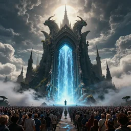 alvah angelrune water portal to hell located in heaven, photorealistic, crowd of people, rule of thirds, 4 k, dark bright effect, version 3, very stylized