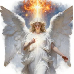 renaissance hyper realistic painting of white angel!!! beautiful face, no gender!!!, ball of miracle light from the chest!!!!!, white drapery, miracle light coming overhead!!, miracles everywhere, lot of fire and stars overhead!!!, by jan van eyck, misty space, holography effect, glow effect, large strokes, high detailed, white background
