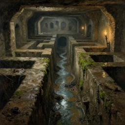 inside the endless maze of ancient flooded sewers in the old part of the city. fantasy art, underground, adventure, wet, standing water, channel, canal, muck, mud, stagnant water, stream, channel, musty, moss, sewage, darkness, underground, abandoned spaces, torchlight. engraving by piranesi and thomas cole.