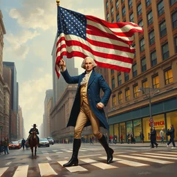 a famous oil painting of george washington holding an american flag crossing the street times square