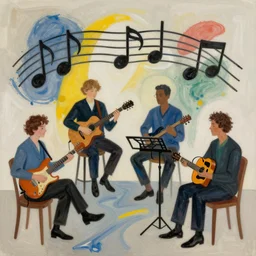 four musicians playing with musical notes as abstract art in the style of Stuart Davis