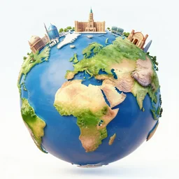 llustration of the globe with famous 3 d touristic landmarks on it, 3 d render, 3 d model, smooth, ray tracing, illustration, in the style of shkret