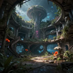 a beautiful detailed render of secret backroom nature unfinished building industrial architecture building urbex by odile decq, azeroth nightsky darkacademia gem atlantis sunlight poppy bladerunner 2 0 4 9 at dusk lake extraterrestial rainforest cgsociety, archdaily, wallpaper, highly detailed, trending on artstation.