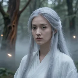 a close up portrait of the ghost lady with a wood spirit in the trees with misty will o the wisp, photorealistic, by jessica rossier, wlop, 4 k resolution h 7 6 8