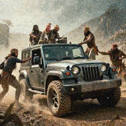 Mahindra thar, tribe members attacking, action scene, an epic fantasy, dramatic lighting, cinematic, establishing shot, extremely high detail, photorealistic, cinematic lighting, artstation, by christopher nolan, horizon forbidden west