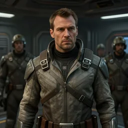 hank hill as commander shepard surrounded by the engine room within the ssv normandy in the videogame mass effect 2. mid - conversation portrait. dim spaceship interior bg behind him. cutscene. hd.