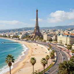 landscape of the beautiful city of paris rebuilt near the pacific ocean in sunny california, amazing weather, sandy beach, palm trees, splendid haussmann architecture, digital painting, highly detailed, intricate, concept art, matte painting, trending on artstation, octane render, 8 k, unreal engine