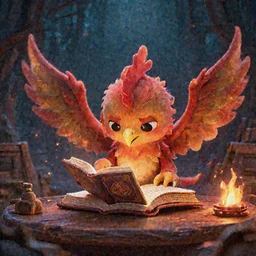 An image of a cute adorable fledgling phoenix frets as it studies the magic booklet. Small embers fall softly from its wings and singe the hard oak table. A darkness surrounds, and the murky depths of library hide an ominous threat. The glow from the flames illuminates. The image was cgi, and is very impressive. The image is a 3D three dimensional image, and employs shaders and advanced techniques