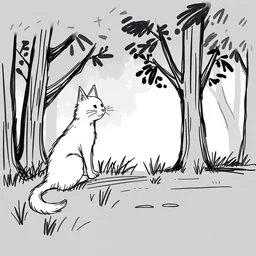 a storyboard sketch of two cats talking in the forest, black and white, cartoony, rough sketch