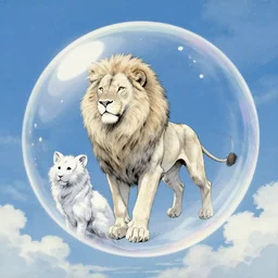 aesthetic portrait commission of a albino male furry anthro lion floating inside a floating soap bubble in a blue cloudy sky with clouds orbiting the bubble like a planet,  minimalistic art, hyperdetailed. Character design by charlie bowater, ross tran, artgerm, and makoto shinkai, detailed, inked, western comic book art, 2021 award winning painting
