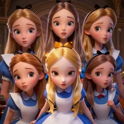 a insanely intricate beautifull 3 d render of alice in wonderland, beauty cute faces, unreal engine, 8 k resolution, cell shaded render, soft dramatic lighting, cinematic, insane details, subsurface scattering, anti aliashing, pixar,