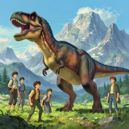 full shot of a tyrannosaurus in front of mountains : thomas kinkade hearstone league of legends dofus concept art, style of makoto shinkai, xision, james jean and peter mohrbacher, studio ghibli, artgerm, karol bak, dan mumford global illumination