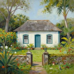 a typical house in a creole garden from reunion island painting by tomer hanuka, by ( ( ( kenton nelson ) ) ), trending on artstation