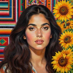 realistic portrait of maria felix, closeup!!! face!!!, long swirling hair, backdrop of woven aztec fabrics and mexican sunflowers, tithonia flowers, art by luis royo and walter crane and kay nielsen, illustration in the style of mexican calendars, oil painting, technicolor