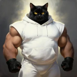 anthropomorphic muscular oversized powerlifter black cat wearing white hoodie in dramatic backlight by alex ross by frazetta painting,
