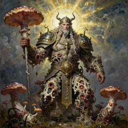 a giant warrior dressed in decomposing fungus, by zdzisław beksinski, norwegian folklore, romanticism, favolaschia - calocera, elegant, ornate, super detailed, ancient ritual