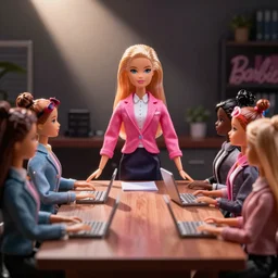 a serious barbie doll office worker presenting to more barbie dolls, barbie dolls, board room meeting, dimly lit