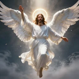 Jesus Christ with white wings, dynamic lighting, +++ dynamic pose, high resolution, powerful, halo, 8k