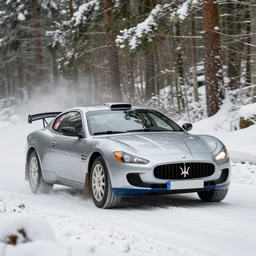 a 2 0 0 6 maserati gransport, racing through a rally stage in a snowy forest
