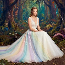 picture of gemma arterton wearing a long rainbow wedding gown, sitting in a colorful forest