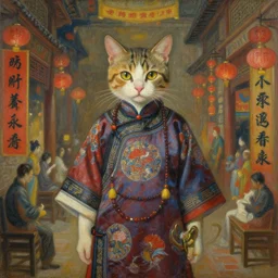 chinese opium den with a cat - human hybrid, painting