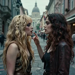 film still of kesha talking passionately with lana del rey in cosmic horror! the musical by david cronenberg, two people, budapest street background, horror sci fi, 3 5 mm film, atmospheric, ultra fine detail, film grain, photorealistic, dramatic lighting