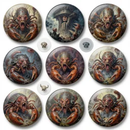 fine art oil painting on collector's buttons, varied filthy rugated armored crustaceans clawing & terrified as massive brutalist structure, claustrophobic cilia sporing pox, evil fog, final battle, clustered horror, by virgil finlay, vincente b ballestar, by francesco blanc, geof darrow, bisley, b wolverton & by