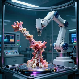 a complex thick bifurcated fractal robotic cnc surgical arm cybernetic symbiosis hybrid mri 3 d printer machine making organic ceramic fractal forms in a glass room laboratory room with control panels, camera lens orbs, multi color dramatic lighting, film still from cyberpunk movie,