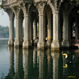 lake with hexagonal columns and a toucan, mirror image, cinematic, filmic, wildlife photography, x - ray, ray tracing reflections, insanely detailed and intricate, hypermaximalist, elegant, ornate, hyper realistic, super detailed