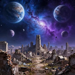A ruined cityscape with a sky that is a cosmos of broken planets by Daniel Sampere. Hyperdetailed. 8K Resolution. Cosmic. Planetary. Nebula. Planets. Comic Illustration. DeviantArt. HD. 16k resolution HD HDR. Blue and Purple colored.