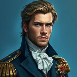 a cinematic portrait scene male chris hemsworth as napoleon bonaparte, blue background, intricate, elegant, highly detailed, digital painting, artstation, concept art, smooth, illustration, art by artgerm and hsiao ron cheng
