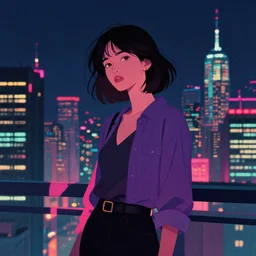 Woman against a city landscape at night. Retrowave. Digital art.