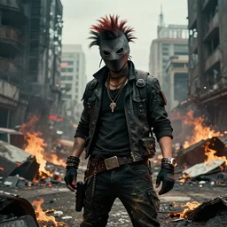 post apocalyptic city, revolutionary punk masked up punk, fire, damaged, trash, medium shot, by liam wong