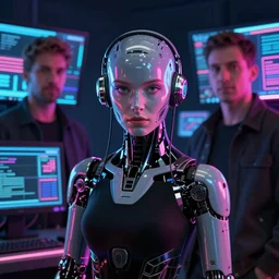 a Portrait of a cyborg, cyberpunk, neon, 80's theme, by Sam Spratt, by Vlad Rodriguez, computer screens in the background, trending on Artstation, dark, dramatic, cinematic, realistic studio lighting, realistic reflections, 4k, professional, canon