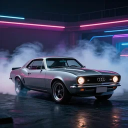 audi camaro b 1 ( 1 9 6 9 ) drifting, phonk music background, smoke behind wheels, noise, dark, establishing shot, neon lines