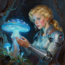 A mixed media portrait painting of a beautiful blonde biologist woman, futuristic sci-fi armor, examining a giant blue glowing mushroom in a mire, detailed Aesthetic! face and eyes, slavic, by Beeple, Frank Frazetta, Greg Rutkowski, Christian MacNevin, Boris Vallejo, epic fantasy character art, high fantasy, CGsociety, 60's Sci-fi Pinup, exquisite detail, post-processing, masterpiece, cinematic, crysis