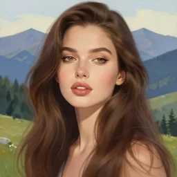beautiful woman with long brown hair and luscious lips, scenic view, mountain landscape, artstyle : ilya kuvshinov